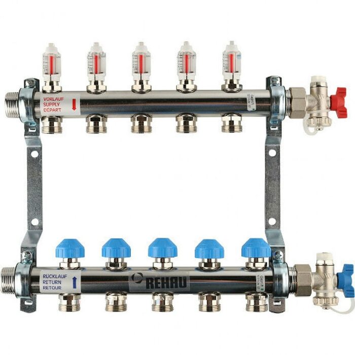 Коллекторная группа REHAU HKV-D на 4 выхода (РЕХАУ - 12080411002)1"x3/4"ЕК из нержавеющей стали с регулирующими и термостатическими вентилями и расходомерами