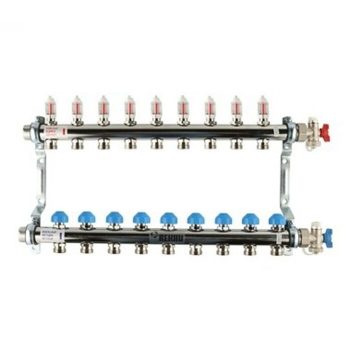 Коллекторная группа REHAU HKV-D на 9 выходов (РЕХАУ - 12080911002)1"x3/4"ЕК из нержавеющей стали с регулирующими и термостатическими вентилями и расходомерами