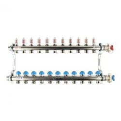 Коллекторная группа REHAU HKV-D на 11 выходов (РЕХАУ - 12081111002)1"x3/4"ЕК из нержавеющей стали с регулирующими и термостатическими вентилями и расходомерами