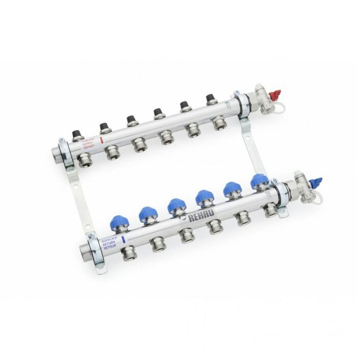 Коллекторная группа REHAU HKV на 10 выходов (РЕХАУ - 12181011001)1"x3/4"ЕК из нержавеющей стали с регулирующими и термостатическими вентилям