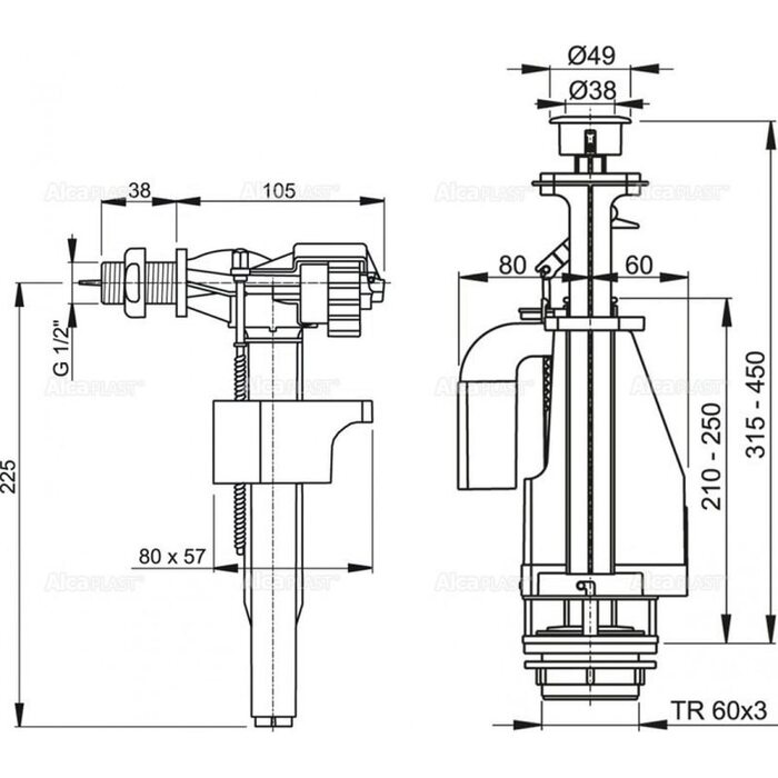 Выпускной комплект с двойной кнопкой А15 1/2", боковой Alcaplast SA08