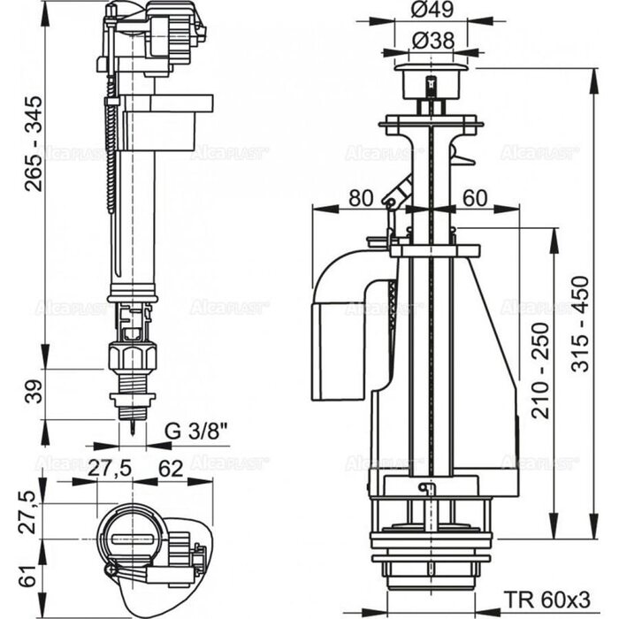 Выпускной комплект с двойной кнопкой А17 3/8", нижний Alcaplast SA08S