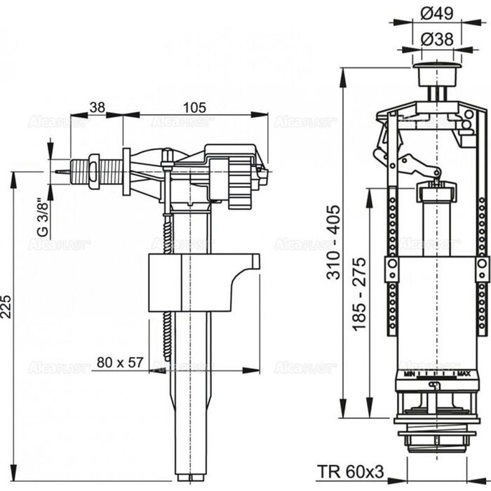 Выпускной комплект со стоп кнопкой А15 3/8", боковой Alcaplast SA2000