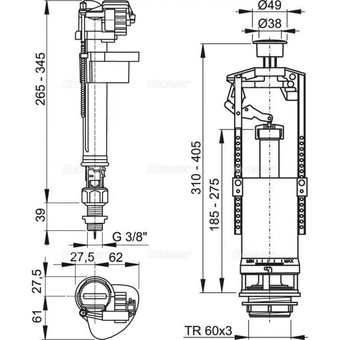Выпускной комплект со стоп кнопкой А17 3/8", нижний Alcaplast SA2000S