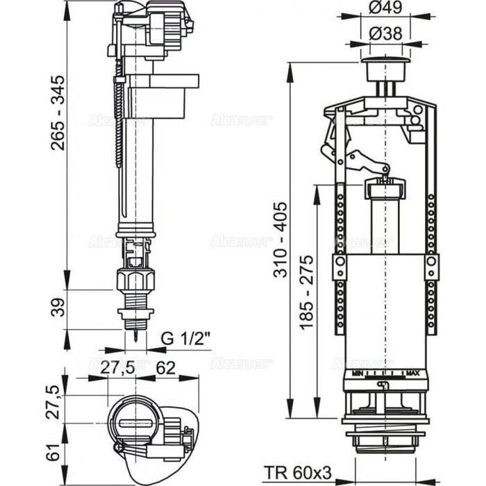 Выпускной комплект со стоп кнопкой и металлической резьбой А18 1/2", нижний Alcaplast SA2000SK