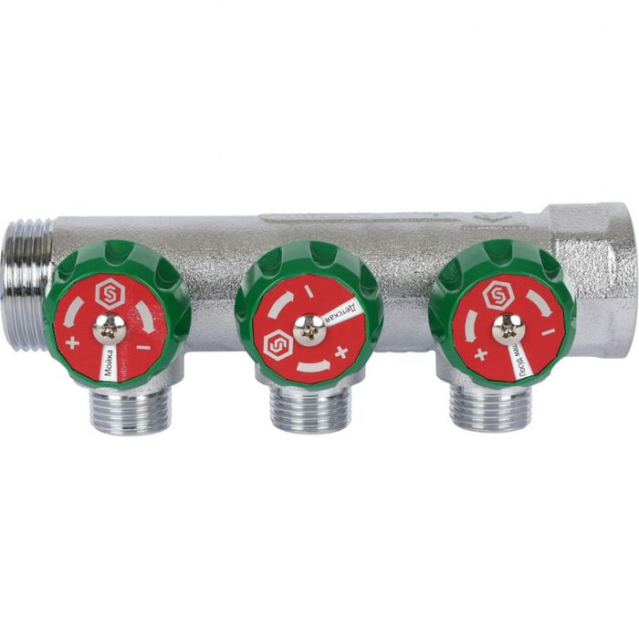 Коллектор регулирующий распределительный 3/4" с 3 отводами 1/2", плоское уплотнение STOUT