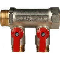 Коллектор распределительный 3/4" с запорными кранами и 2 отводами 1/2", ручки красные STOUT