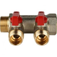 Коллектор распределительный 3/4" с запорными кранами и 2 отводами 1/2", ручки красные STOUT