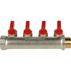Коллектор распределительный 3/4" с запорными кранами и 4 отводами 1/2", ручки красные STOUT