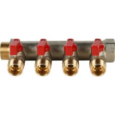 Коллектор распределительный 3/4" с запорными кранами и 4 отводами 1/2", ручки красные STOUT