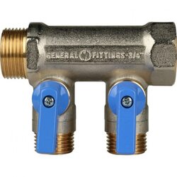 Коллектор распределительный 3/4" с запорными кранами и 2 отводами 1/2", ручки синие STOUT