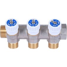Коллектор распределительный 3/4" с 3 отводами 1/2", плоское уплотнение, никелированный STOUT