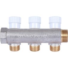 Коллектор распределительный 3/4" с 3 отводами 1/2", плоское уплотнение, никелированный STOUT