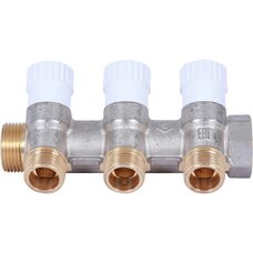 Коллектор распределительный 3/4" с 3 отводами 1/2", плоское уплотнение, никелированный STOUT