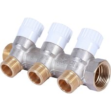 Коллектор распределительный 3/4" с 3 отводами 1/2", плоское уплотнение, никелированный STOUT