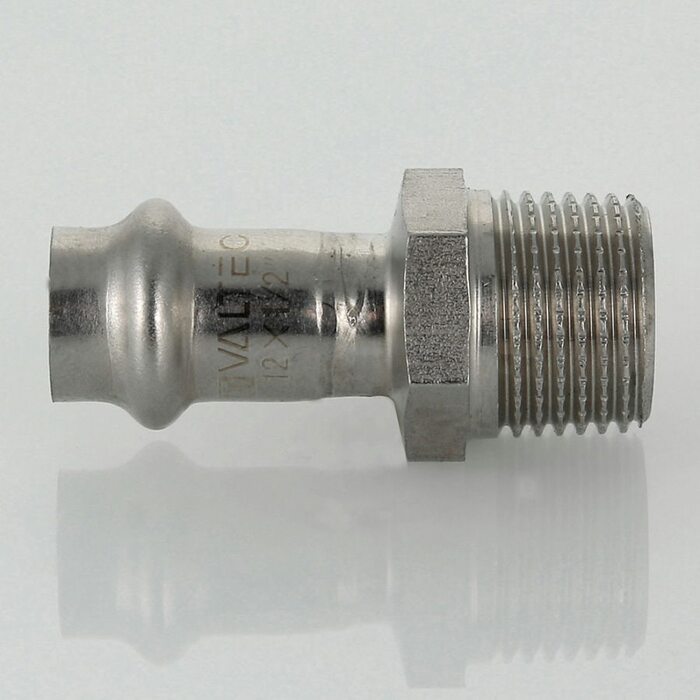 Пресс-муфта с наружной резьбой 18 мм х 1/2"  из нержавеющей стали VTi.901.I.001804 VALTEC (ВАЛТЕК)