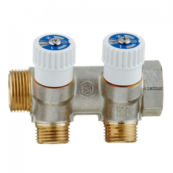 Коллектор Stout (SMB 6851 341202) 3/4 ВР(г) х 2 выхода 1/2 НР(ш) х 3/4 НР(ш) регулируeмый