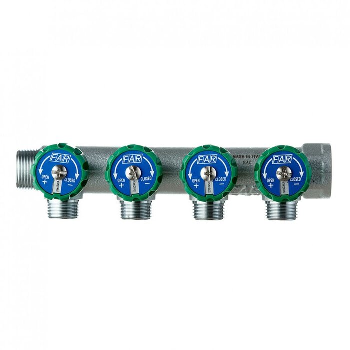Коллектор FAR 3824 3412TP распределительный 3/4" (ВР-НР) с 4 отводами 1/2" НР, плоское уплотнение (ФАР)