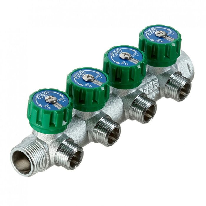 Коллектор FAR 3824 3412TP распределительный 3/4" (ВР-НР) с 4 отводами 1/2" НР, плоское уплотнение (ФАР)