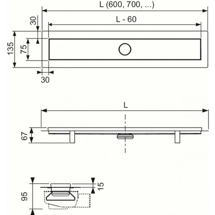 Комплект TECE TECElinus для монтажа дренажного канала 2 в 1 с основой для плитки tile и steel с мембраной Хром матовый 60 см ,комплект 15103069 (ТЕЦЕ)